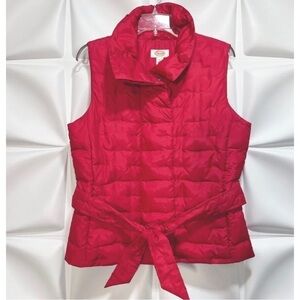 Talbots Women Sz S Red Goose Down Feather Filled Puffer Style Vest Belted Zip Up